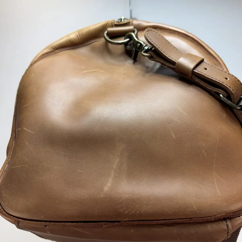 L.L. Bean Signature Cognac Brown Leather‎ Travel Duffle Weekender Canvas Lined